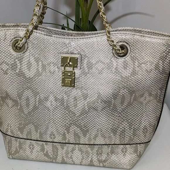 Anne Klein Shoulder Bag Purse, Off White, Snake Skin Look Gold Accents - Picture 2 of 13